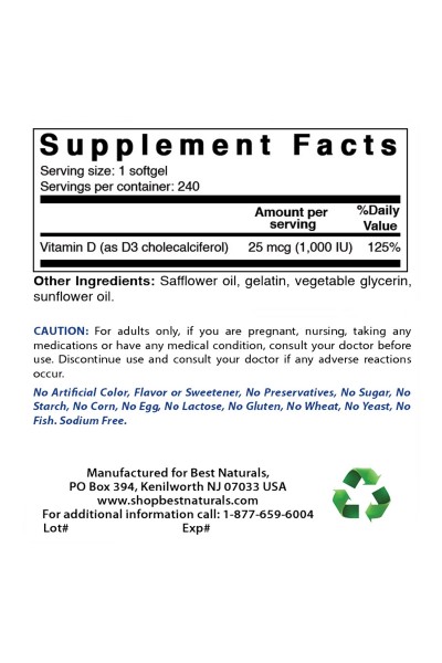 Best Naturals Vitamin D3 10000IU (Витамин Д3), 240 капс