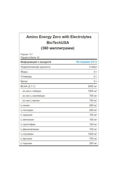 Аминокислоты Energy Zero with Electrolytes BioTechUSA, 360 гр (25 порций)