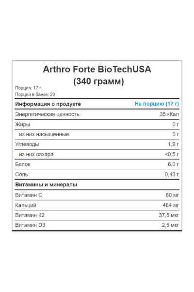 Arthro Forte BioTechUSA, 340 гр (20 порций) Arthro Forte BioTechUSA, 340 гр (20 порций)