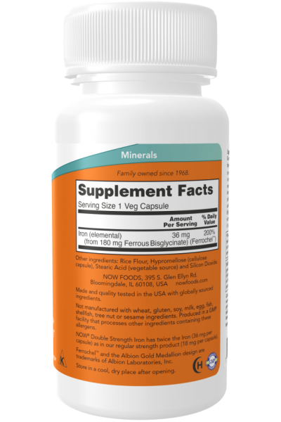  Бисглицинат железа Now Foods Iron Double Strength 36 мг, 90 капс.