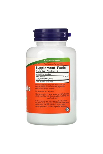 NOW BLACK WALNUT HULLS (скорлупа чёрного ореха) 500 мг, 100 капсул