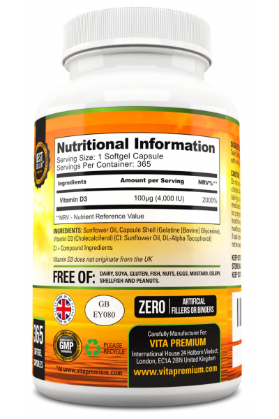 Vitamin D3 4000 IU from VitaPremium (365 caps)